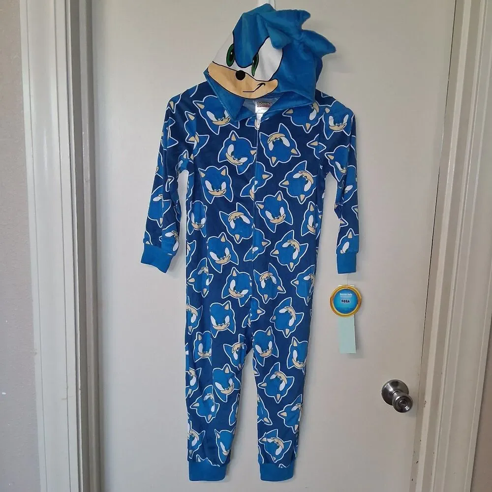 Sonic the Hedgehog Boys Hooded Zip Up Pajama Suit Size XS (4/5) Dress Up Cosplay
